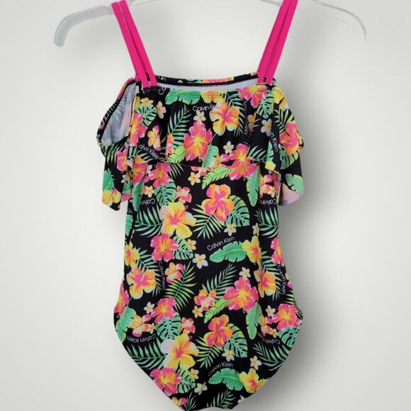 Calvin Klein Girls Swimsuit Large L One Piece Floral Black Pink Green Resort - Picture 6 of 9